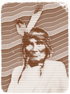 Graphic design of Native American in front of wavy lines